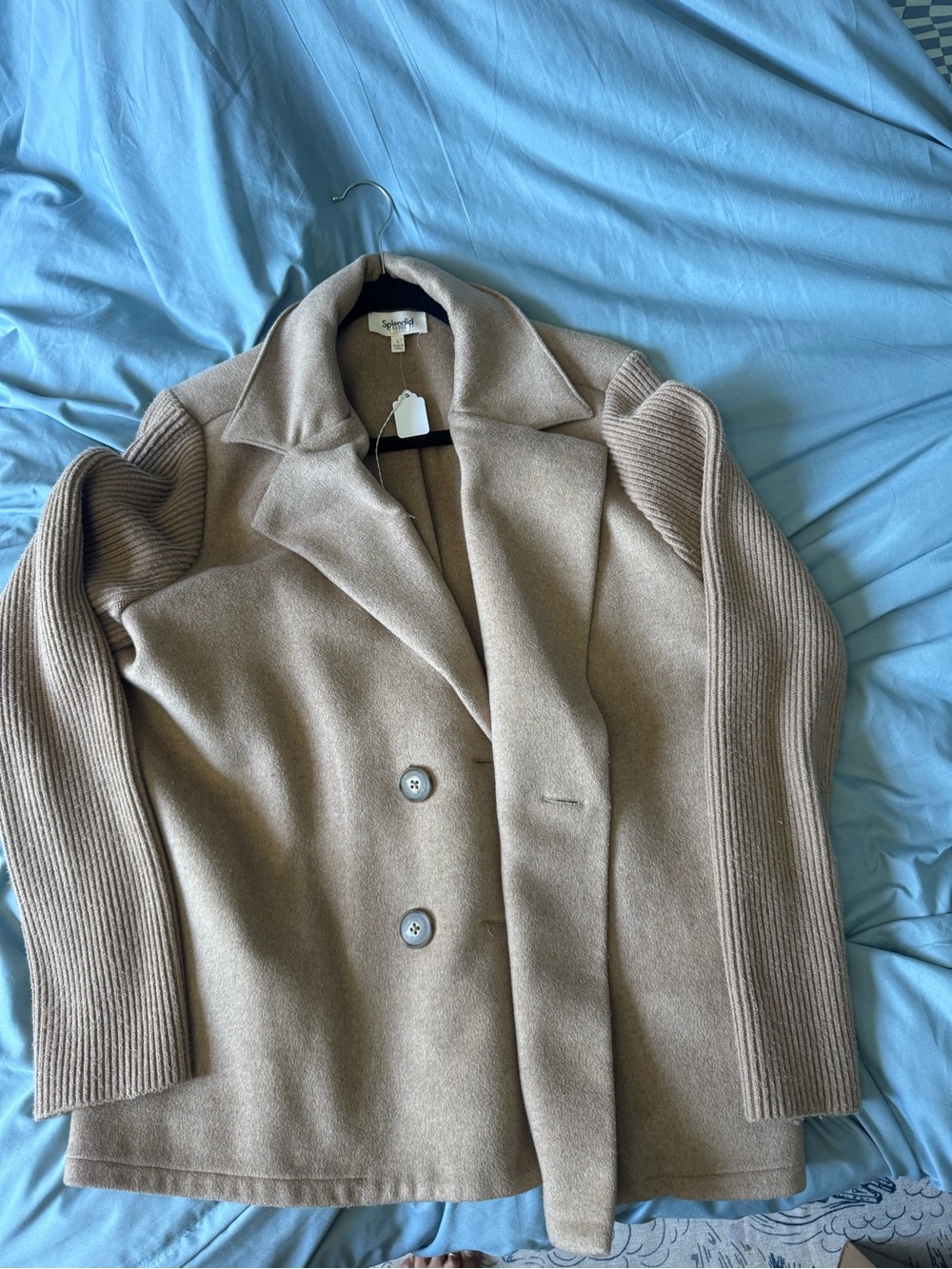 Splendid Taupe Rib-Sleeve Wool-Blend Peacoat